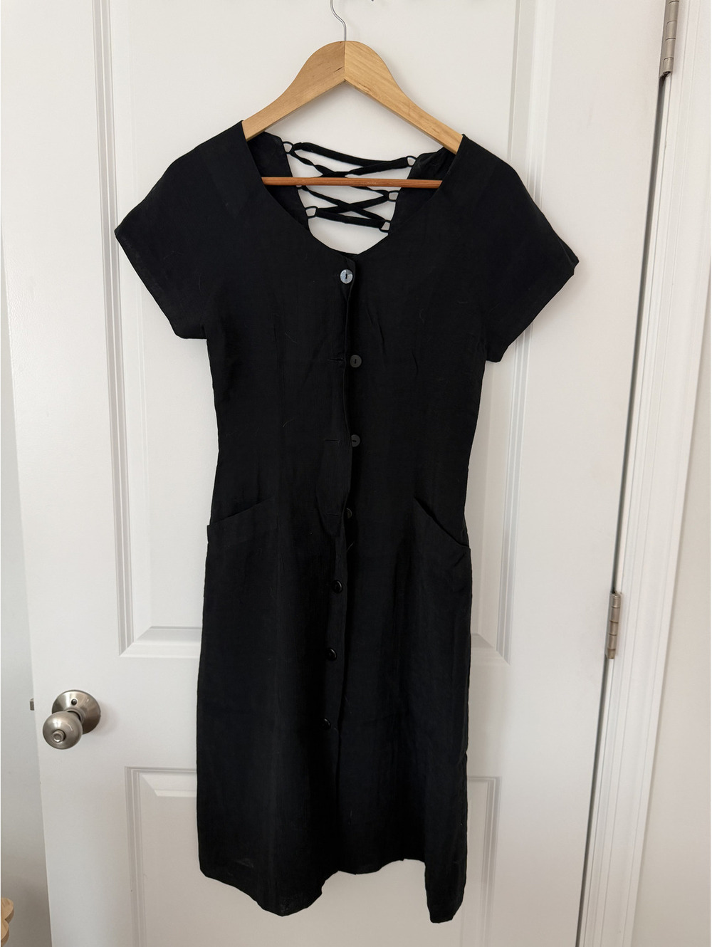 Vintage Black Button-Front Midi Dress with Lace-Up Back Detail